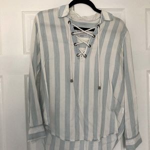 Blue and White Striped Lace Up Long Sleeve Shirt